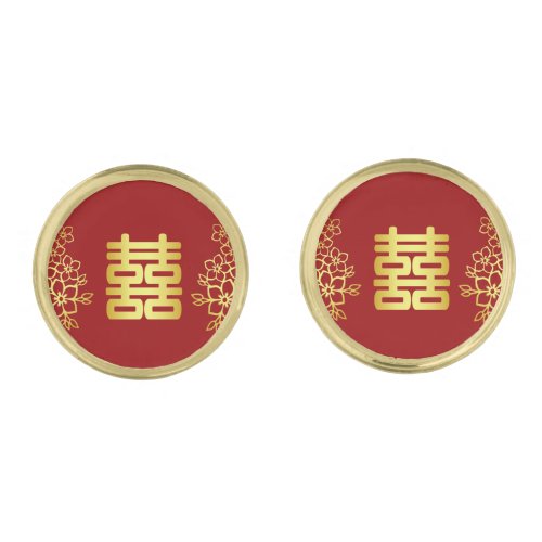 Elegant double happiness Chinese wedding floral Cufflinks
