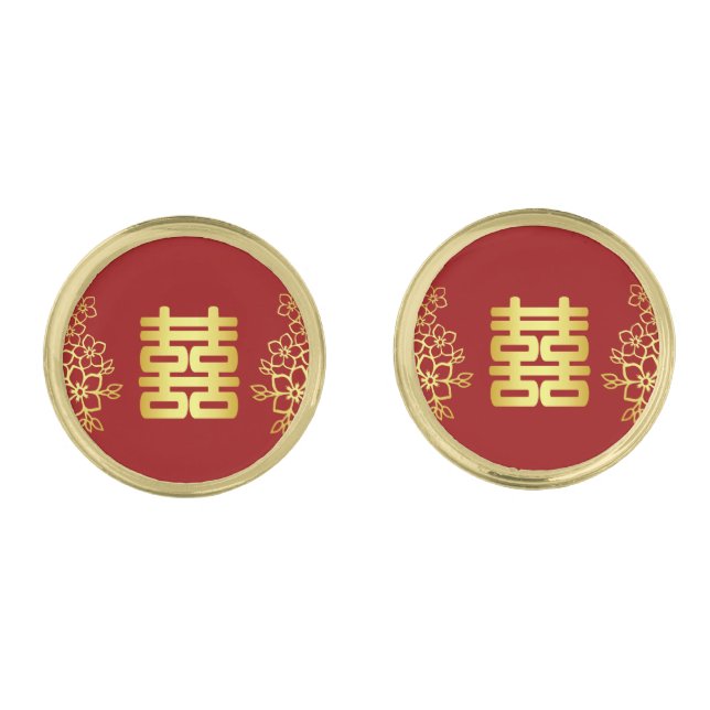 Elegant double happiness Chinese wedding floral Cufflinks (Front)