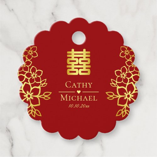 Elegant double happiness Chinese wedding floral Favor Tags