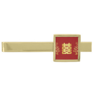 Elegant double happiness Chinese wedding floral Gold Finish Tie Bar