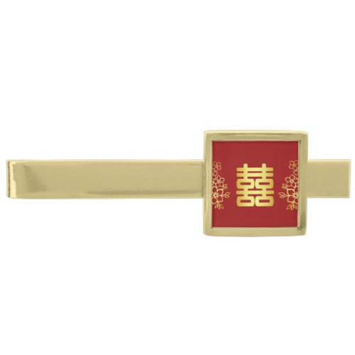 Elegant double happiness Chinese wedding floral Gold Finish Tie Bar