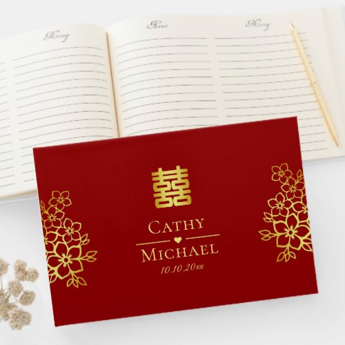 Elegant double happiness Chinese wedding floral Guest Book