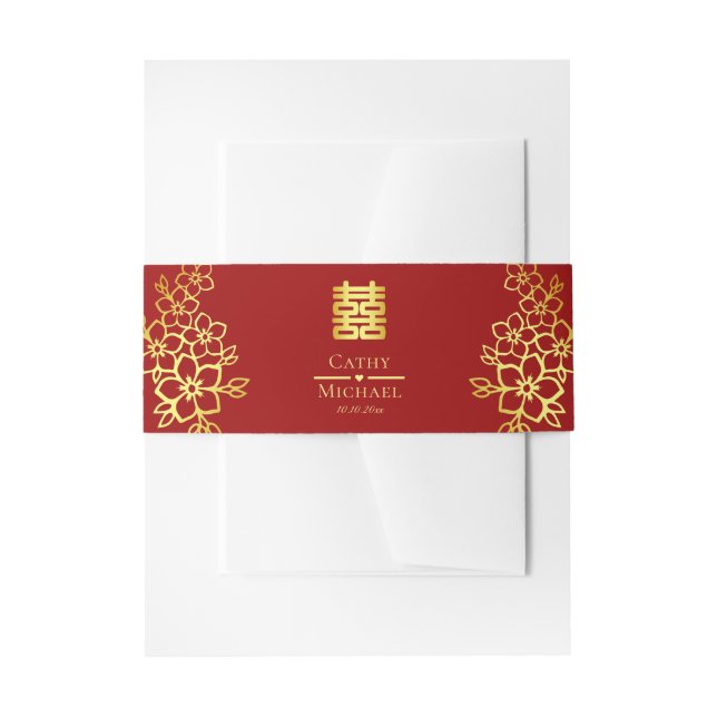 Elegant double happiness Chinese wedding floral Invitation Belly Band (Front Example)
