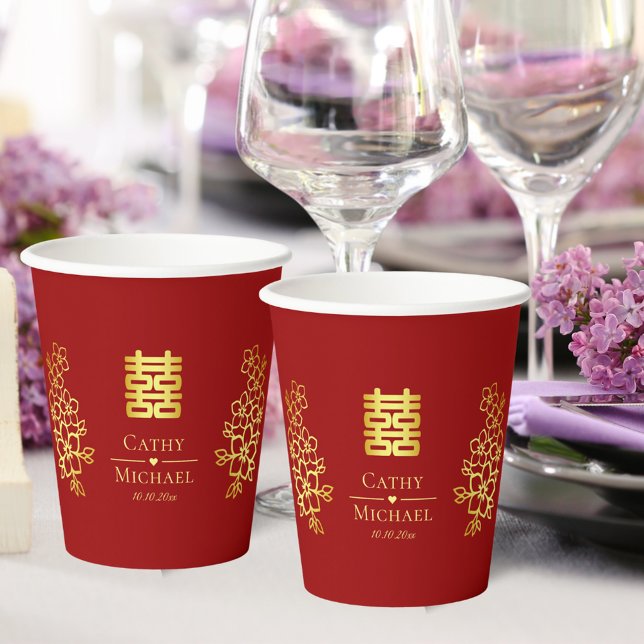 Elegant double happiness Chinese wedding floral Paper Cups (Creator Uploaded)