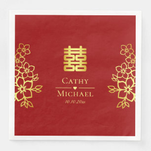 Elegant double happiness Chinese wedding floral Paper Dinner Napkins
