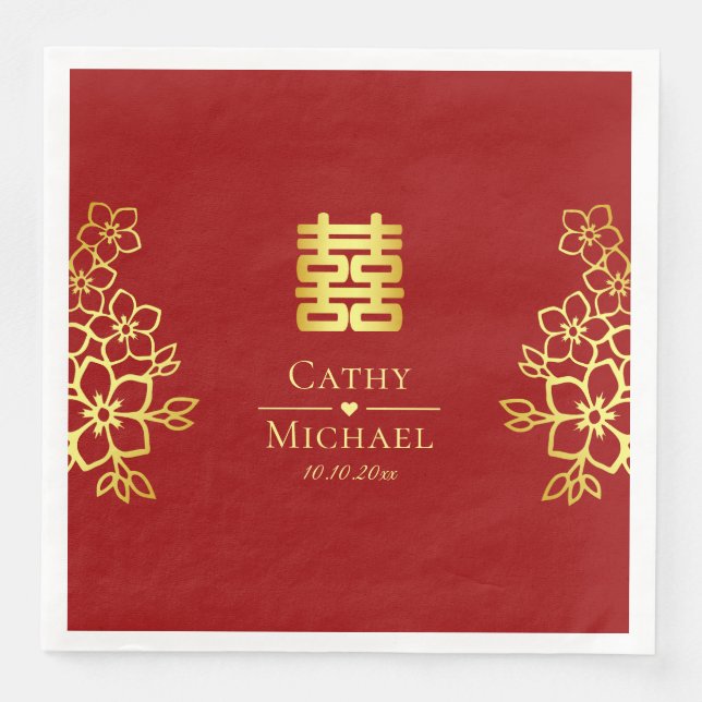 Elegant double happiness Chinese wedding floral Paper Dinner Napkins (Front)