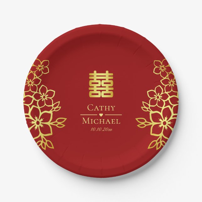 Elegant double happiness Chinese wedding floral Paper Plates (Front)