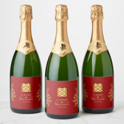 Elegant double happiness Chinese wedding floral  Sparkling Wine Label
