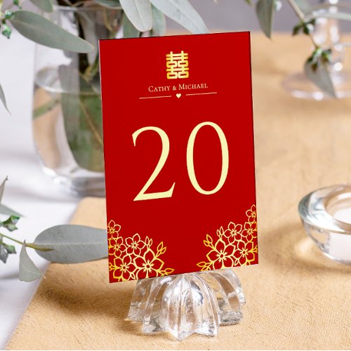 Elegant double happiness Chinese wedding floral  Table Number