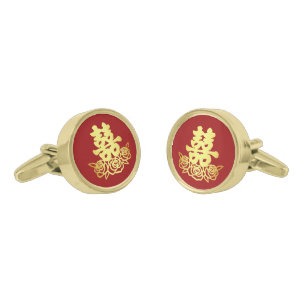 Elegant double happiness rose Chinese wedding red  Cufflinks