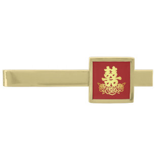 Elegant double happiness rose Chinese wedding red Gold Finish Tie Bar