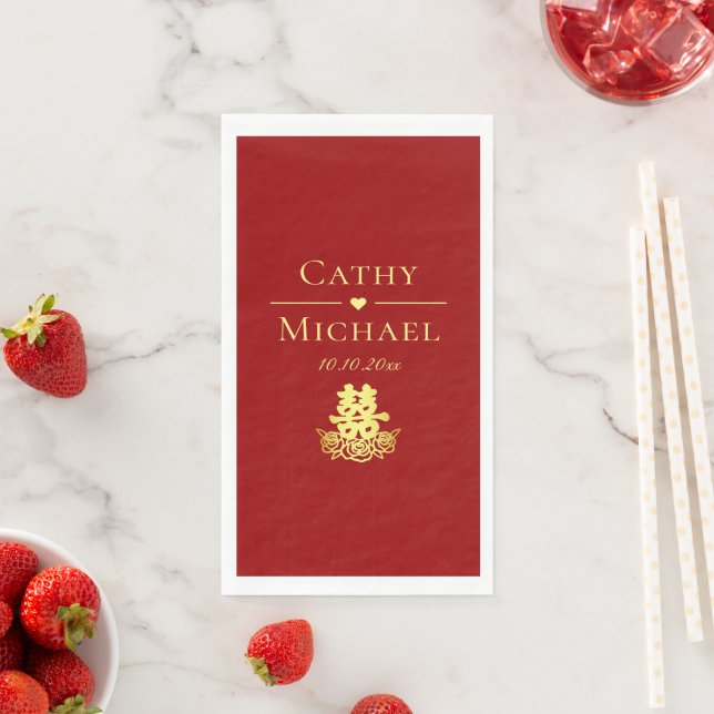 Elegant double happiness rose Chinese wedding red Paper Guest Towels (Insitu)
