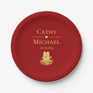 Elegant double happiness rose Chinese wedding red Paper Plates