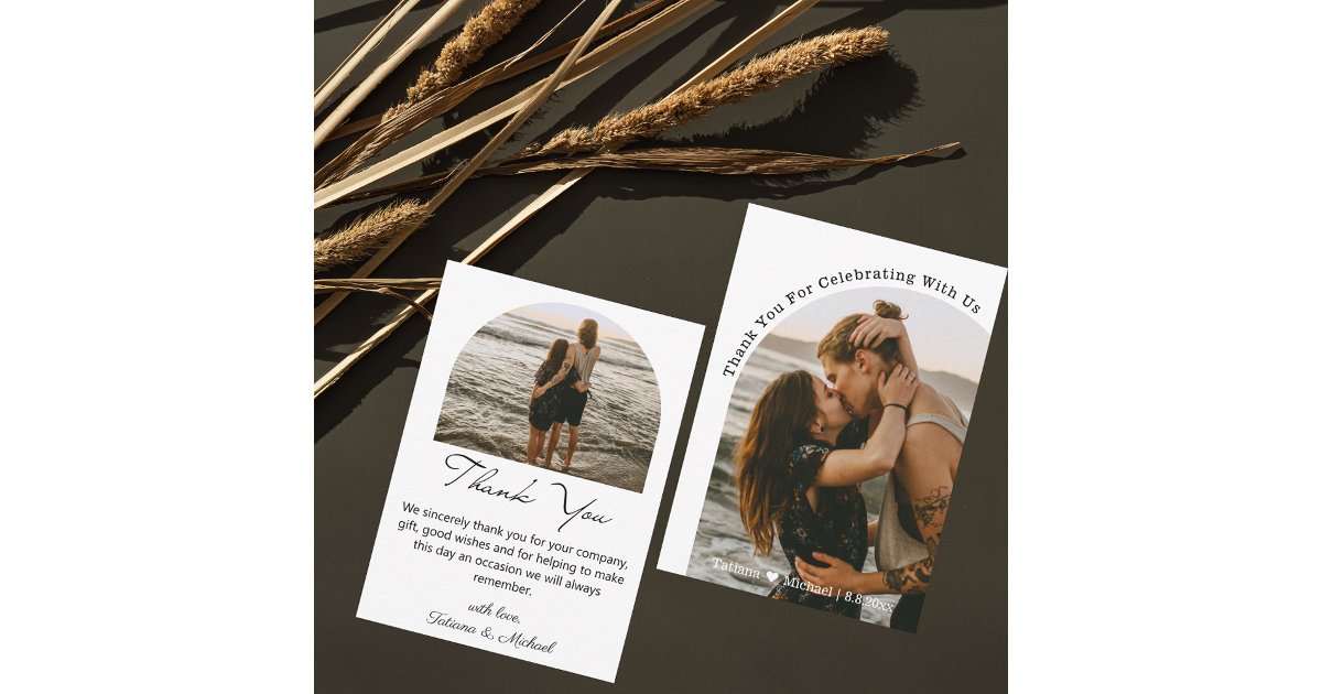 Elegant Double Photo Arch Wedding Thank You Note Card | Zazzle