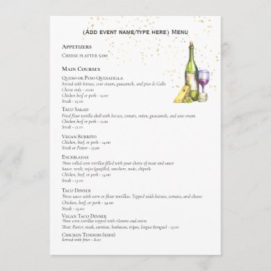 Elegant Double Sided MENU Template Wine Cheese
