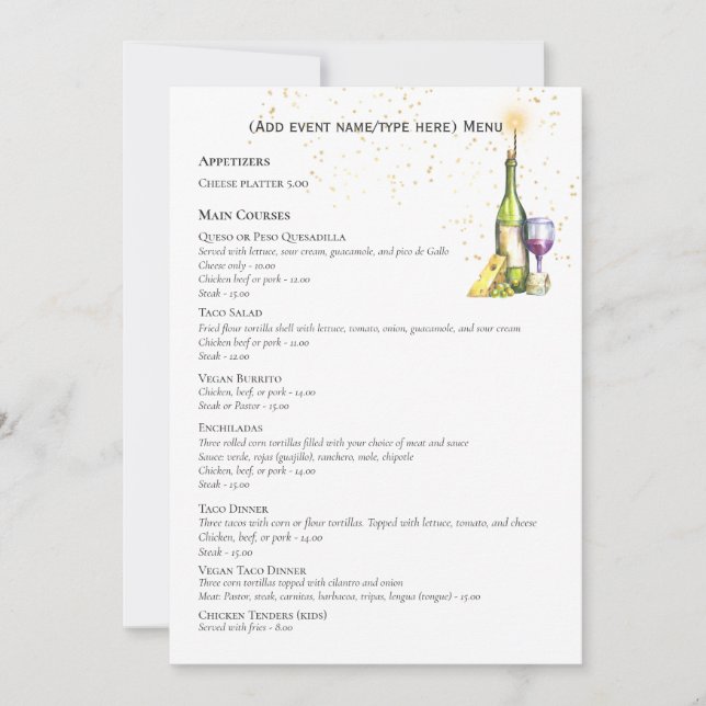Elegant Double Sided MENU Template Wine Cheese (Front)