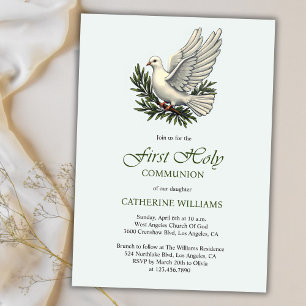 Elegant Dove and Olive Branch First Holy Communion Invitation