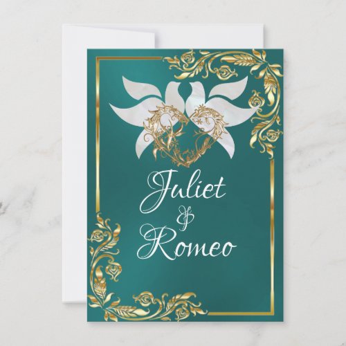 Elegant Doves Heart  Gold Leaves on Teal Invitation