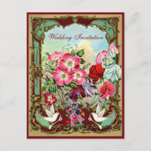Elegant Doves & Vintage Flowers Wedding Invitation