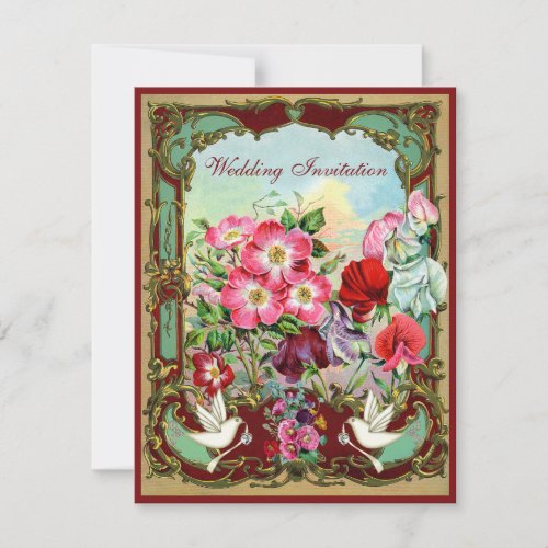 Elegant Doves  Vintage Flowers Wedding Invitation