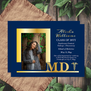 Elegant Dr MD Caduceus Photo Graduate Blue Foil Invitation