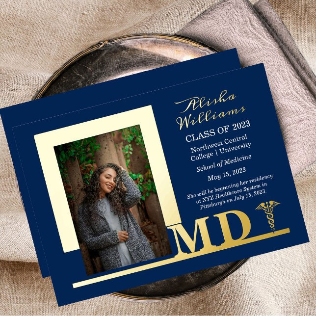 Elegant Dr MD Caduceus Photo Graduate Blue Foil Invitation (Creator Uploaded)