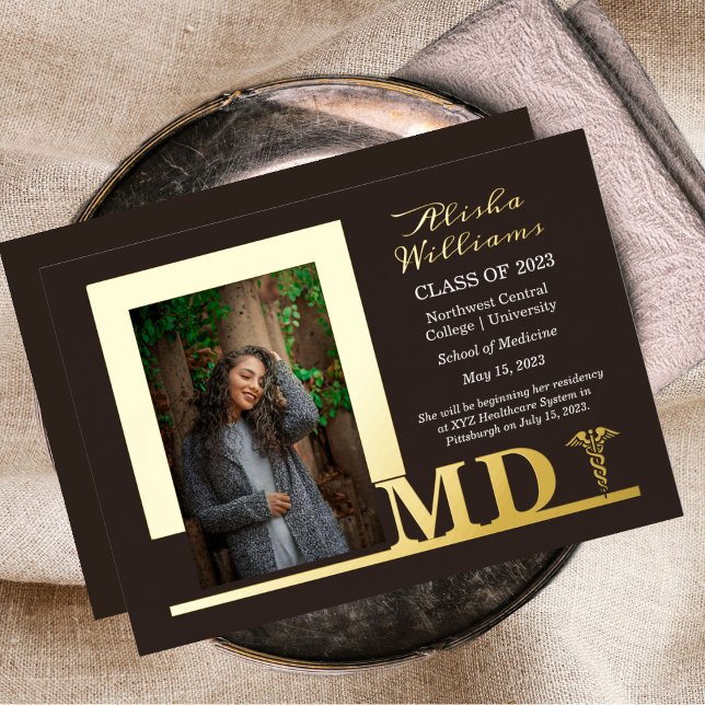 Elegant Dr MD Caduceus Photo Graduate Brown Foil Invitation (Creator Uploaded)