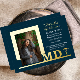 Elegant Dr MD Caduceus Photo Graduate Dk Teal Foil Invitation