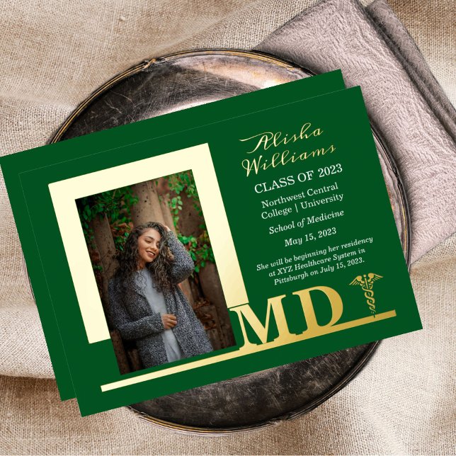 Elegant Dr MD Caduceus Photo Graduate Green Foil Invitation (Creator Uploaded)