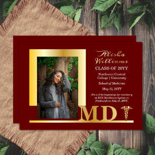 Elegant Dr MD Caduceus Photo Graduate Maroon Foil Invitation