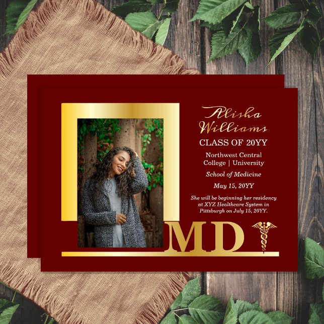 Elegant Dr MD Caduceus Photo Graduate Maroon Foil Invitation (Elegant Doctor "MD" Caduceus Photo Graduate Maroon and Gold Foil Graduation Announcement)
