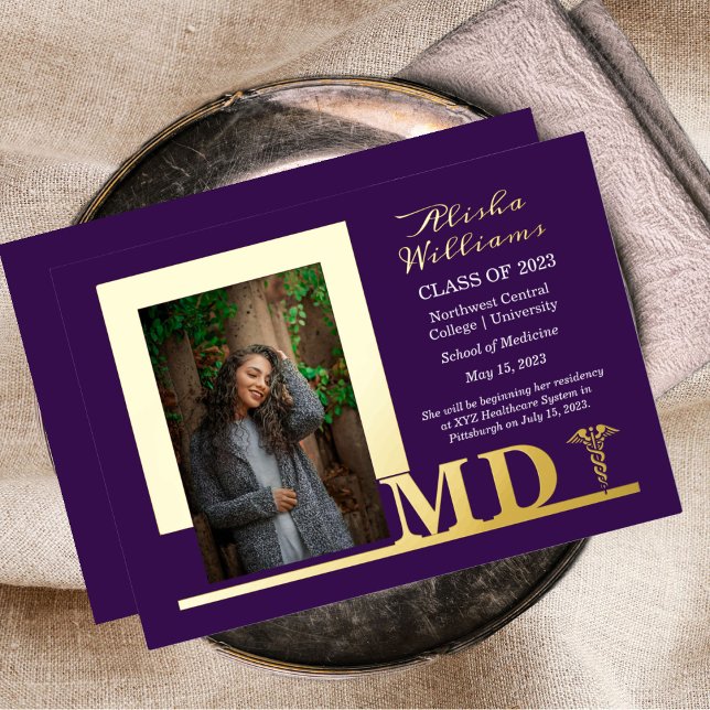 Elegant Dr MD Caduceus Photo Graduate Purple Foil Invitation (Creator Uploaded)
