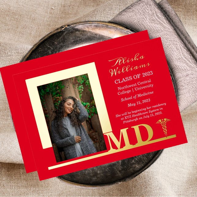 Elegant Dr MD Caduceus Photo Graduate Red Foil Invitation (Creator Uploaded)