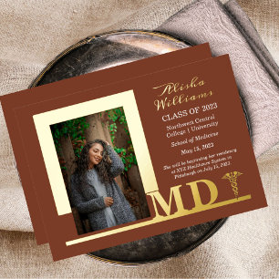 Elegant Dr MD Caduceus Photo Graduate Terracotta Foil Invitation