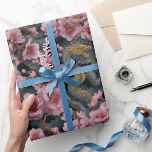 Elegant Dragon and Pink Cherry Blossom Fantasy Wrapping Paper