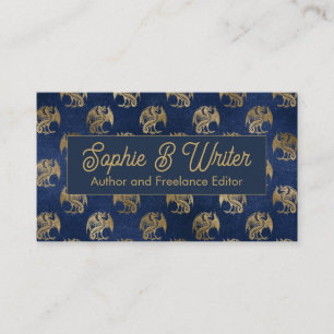 Elegant Dragon Blue Gold Fantasy Authors Writers Business Card
