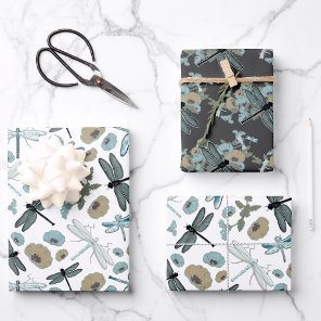 Elegant Dragonflies Blue Pattern Wrapping Paper Sheets