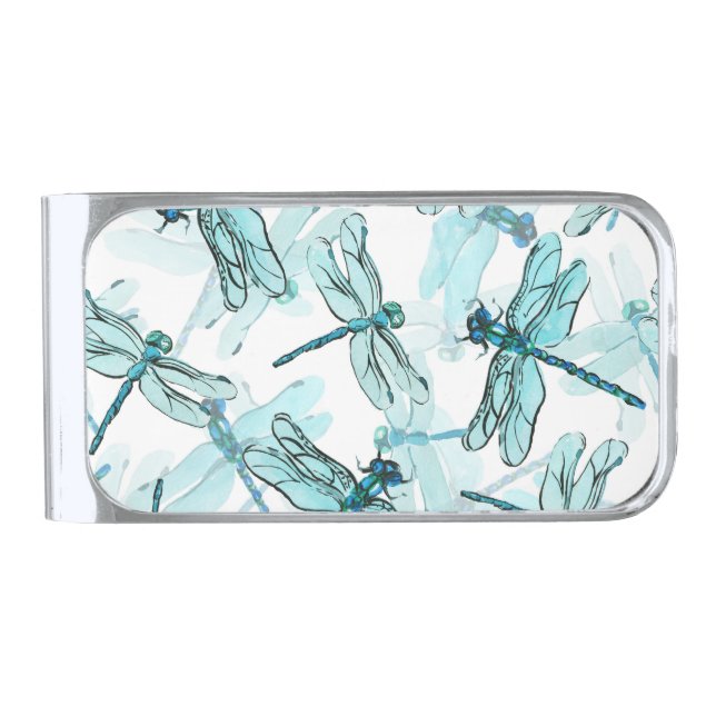 Elegant Dragonflies: Watercolor Wonder Silver Finish Money Clip (Front)