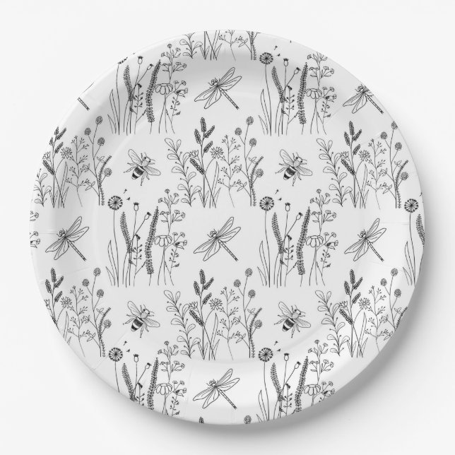 Elegant Dragonflies & Wildflowers  Paper Plates (Front)