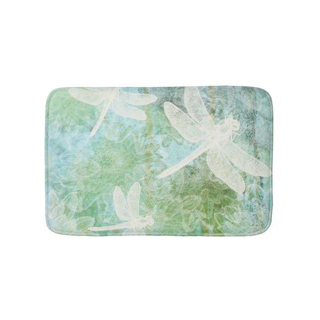 Elegant Dragonfly And Flower Pattern Bathroom Mat (Front)