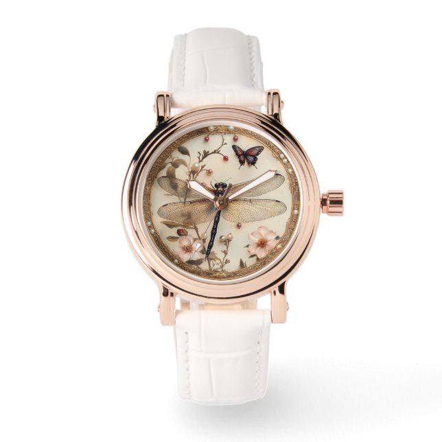 Elegant Dragonfly Butterflies Pink Flowers Watch (Front)