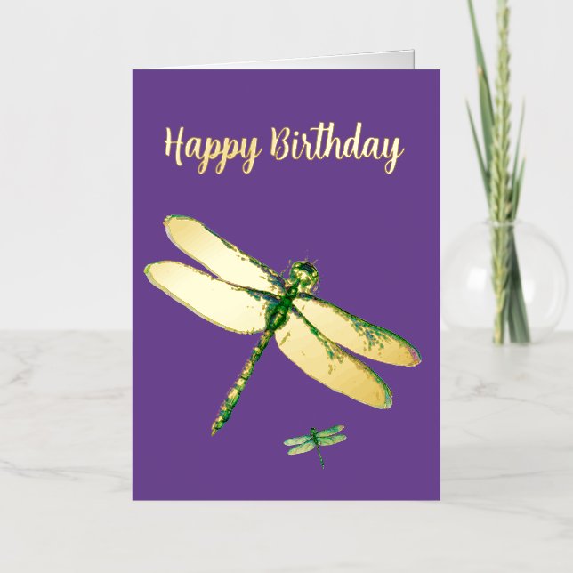  Elegant Dragonfly Dark Purple Foil Birthday Card (Front)