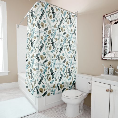 Elegant Dragonfly Floral Pattern Shower Curtain