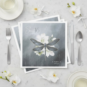 Elegant Dragonfly Floral Sweet 16 Blue ID1310 Paper Dinner Napkins
