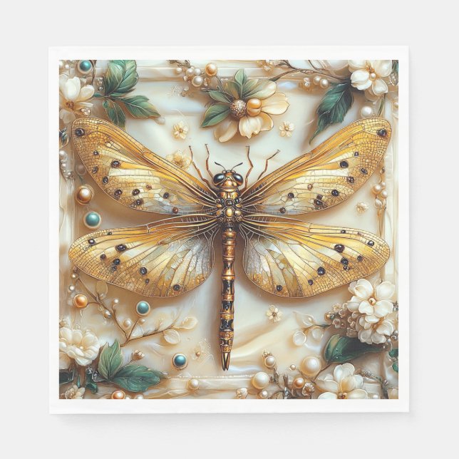 Elegant Dragonfly Flower Gold Metallic Gems Pearls Napkins (Front)