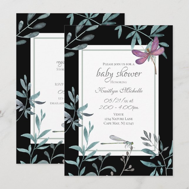Elegant Dragonfly Garden Greenery Baby Shower Invitation (Front/Back)