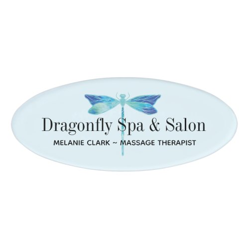 Elegant Dragonfly Logo Blue  Aqua Watercolor Name Tag