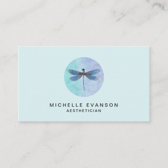 Elegant Dragonfly Logo Light Blue Watercolor Business Card (Front)