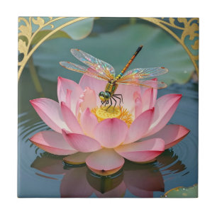 Elegant Dragonfly Pink Lotus Art Nouveau Frame Ceramic Tile