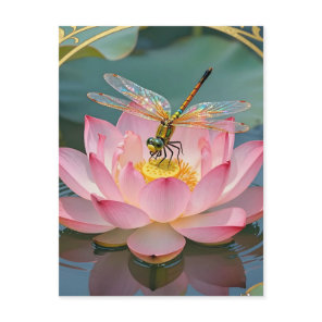 Elegant Dragonfly Pink Lotus Art Nouveau Frame Postcard